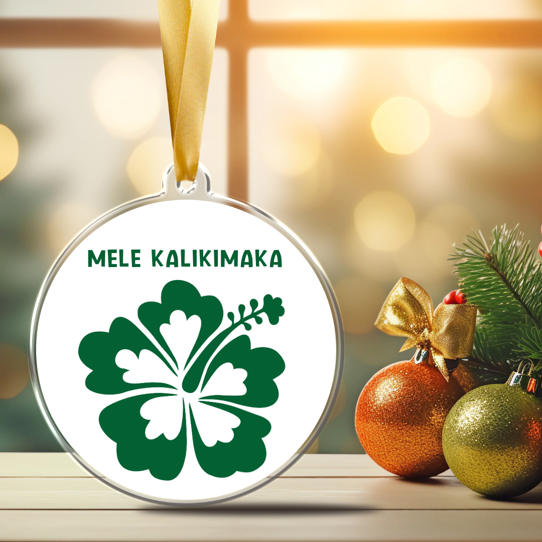 Mele Kalikimaka Green Hibiscus Double-sided Christmas Ornament, handcrafted tropical holiday tree decor