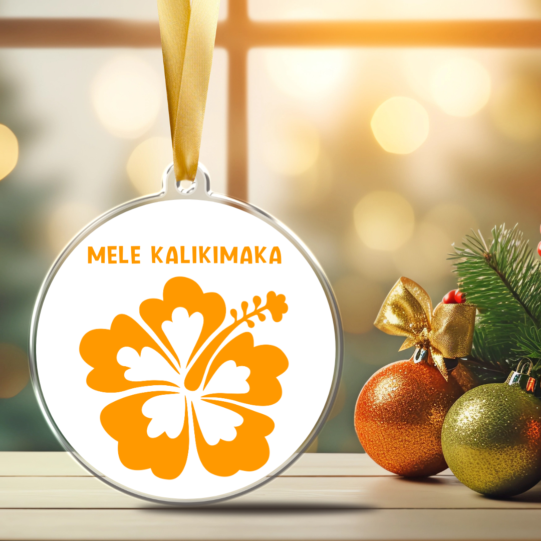 Mele Kalikimaka Orange Hibiscus Double-sided Christmas Ornament, handcrafted tropical holiday tree decor