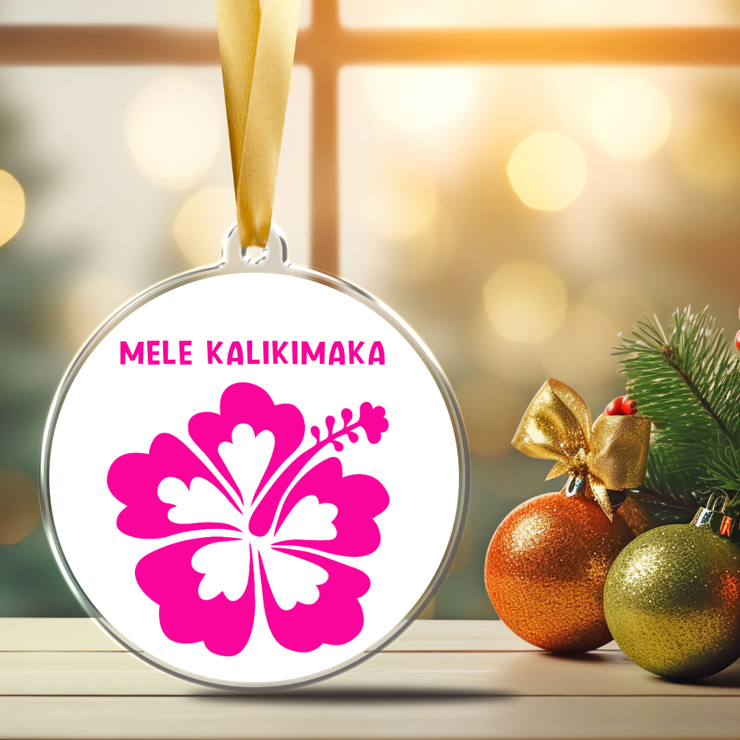 Mele Kalikimaka Pink Hibiscus Double-sided Christmas Ornament, handcrafted tropical holiday tree decor