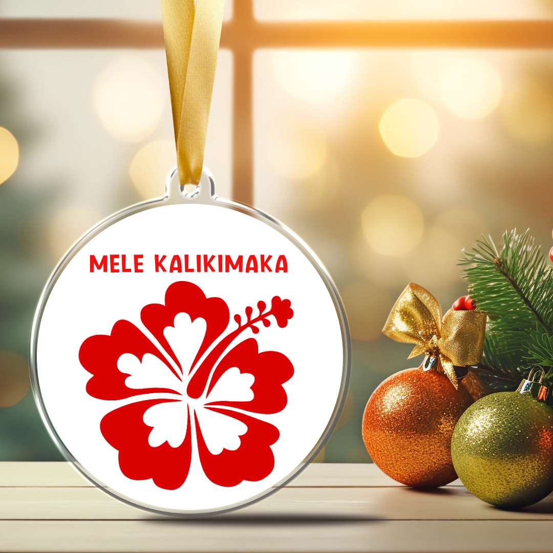 Mele Kalikimaka Red Hibiscus Double-sided Christmas Ornament, handcrafted tropical holiday tree decor