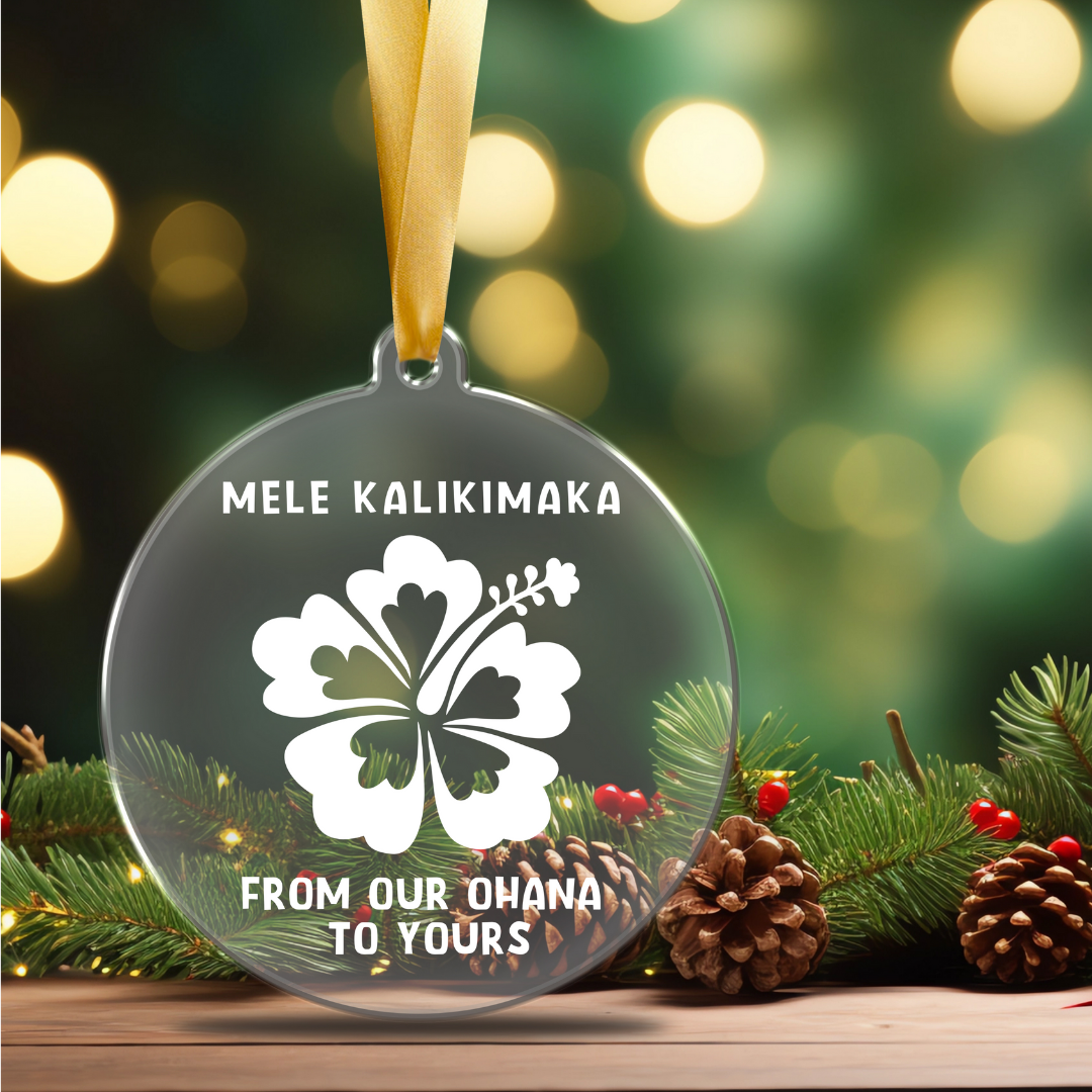 Mele Kalikimaka Clear Hibiscus Double-sided Christmas Ornament, handcrafted tropical holiday tree decor