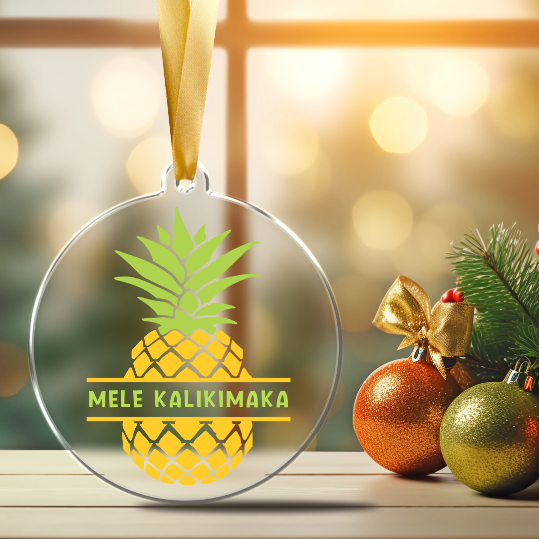 Personalized 3-inch acrylic Christmas ornament with a pineapple design split to show the custom last name in the middle.