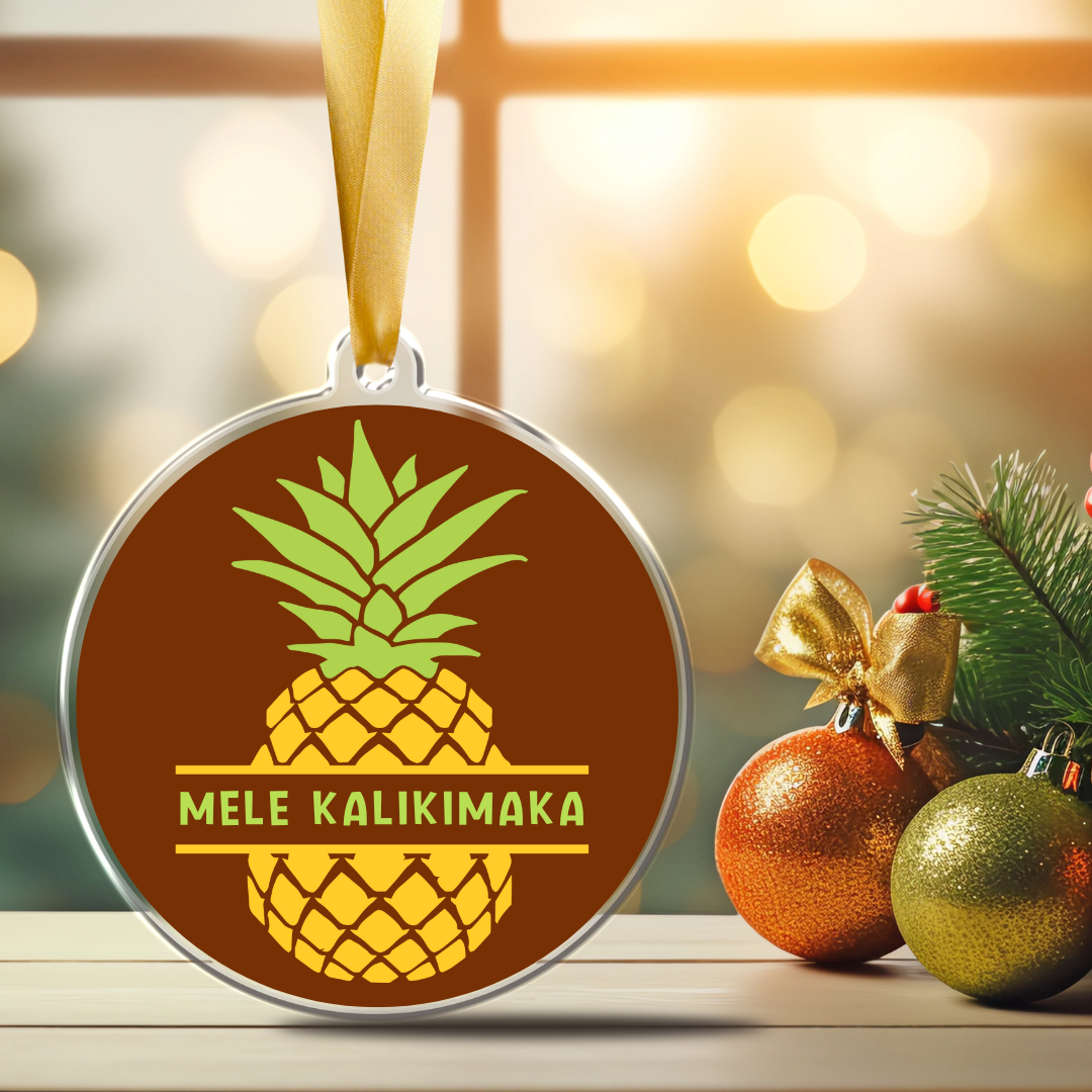 Mele Kalikimaka Pineapple Acrylic Christmas Ornament – Maroon background 