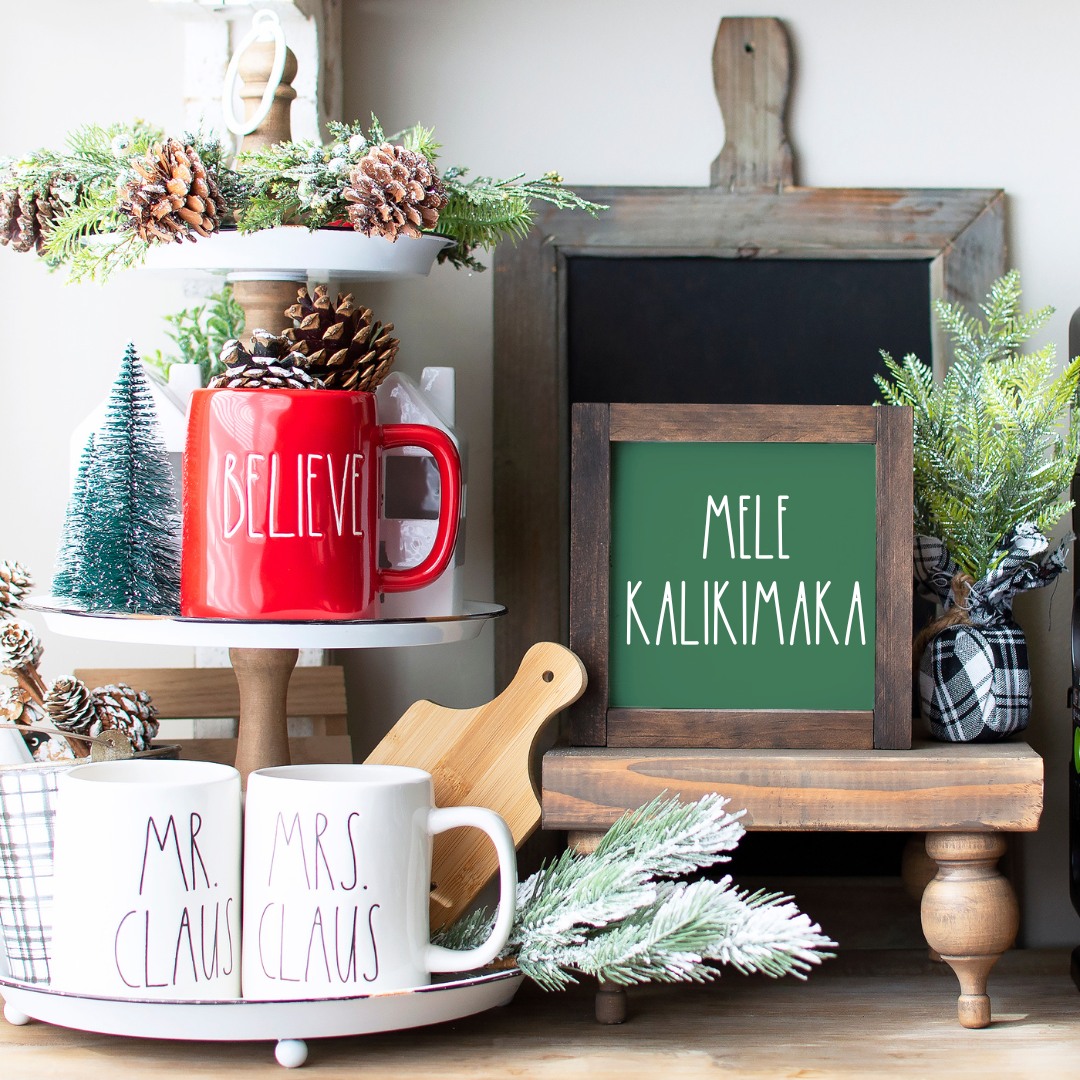 Handcrafted 8x8 rustic wood framed Mele Kalikimaka sign in green on a farmhouse Christmas tiered tray — Simply Aloha On The Go