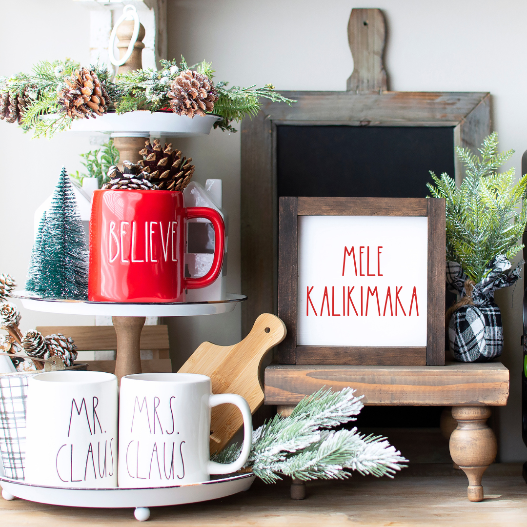 Handcrafted 8x8 rustic wood framed Mele Kalikimaka sign in white on a farmhouse Christmas tiered tray — Simply Aloha On The Go