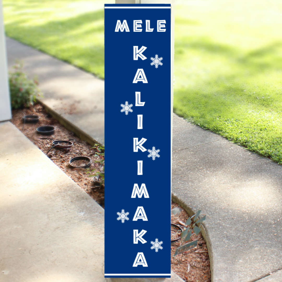 Vertical blue wood Christmas porch sign reading Mele Kalikimaka with white lettering and snowflake accents, handcrafted by Simply Aloha On The Go