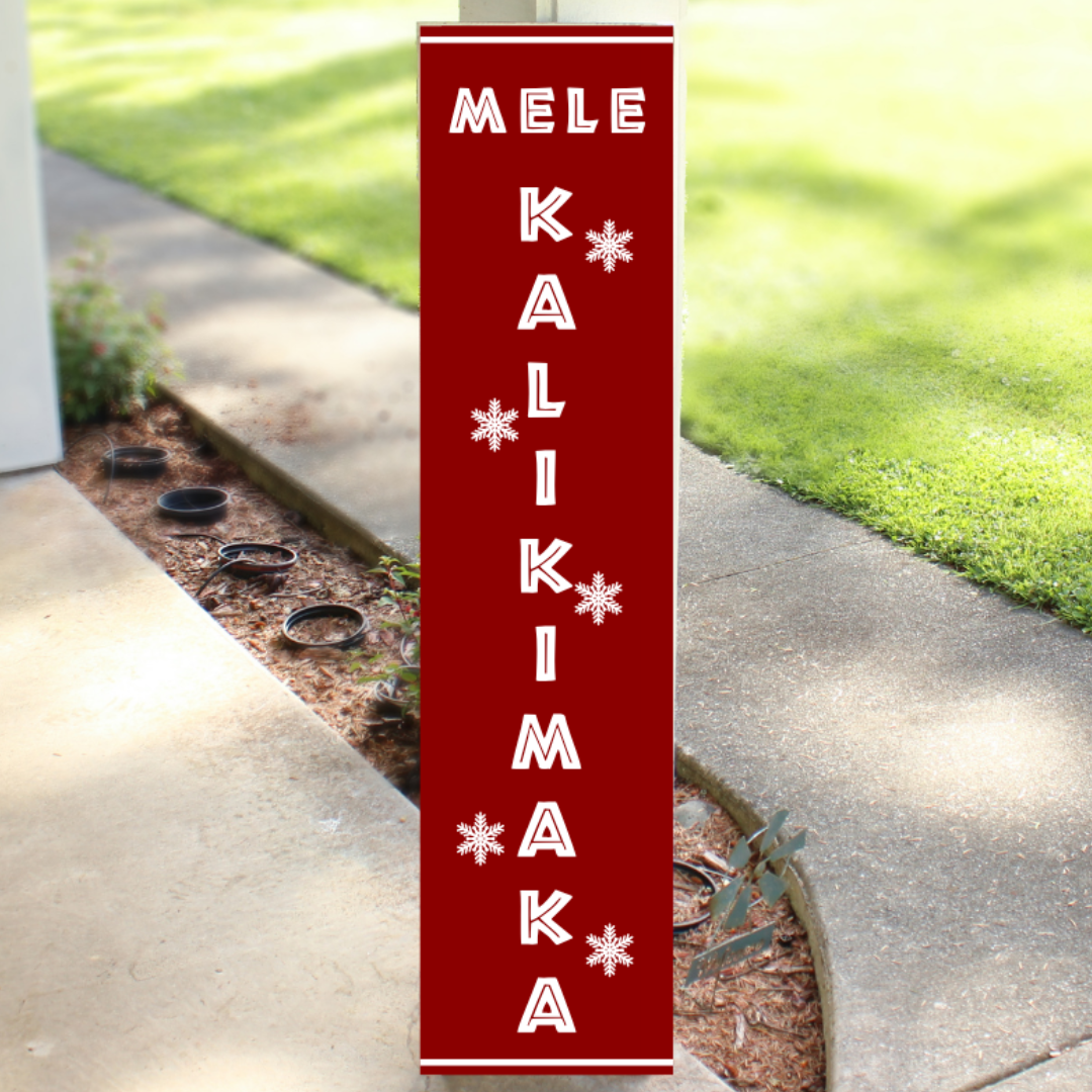 Vertical red wood Christmas porch sign reading Mele Kalikimaka with white lettering and snowflake accents, handcrafted by Simply Aloha On The Go