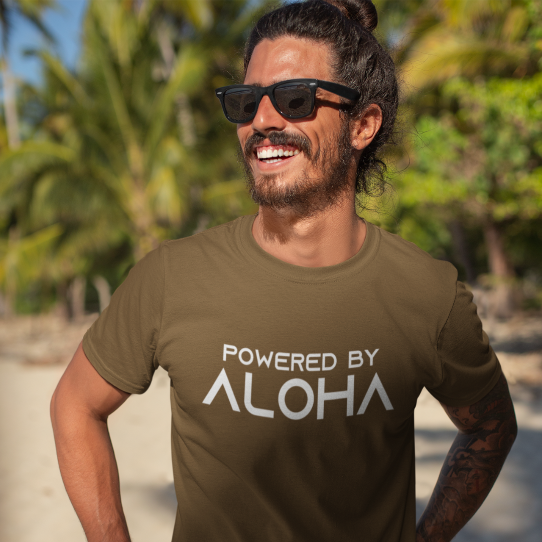POWERED BY ALOHA Men’s T-Shirt in brown with a vibrant Hawaiian text design, island style inspirational tee