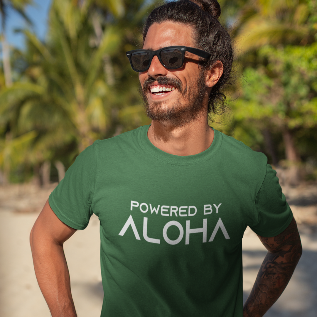 POWERED BY ALOHA Men’s T-Shirt in green with a vibrant Hawaiian text design, island style inspirational tee.