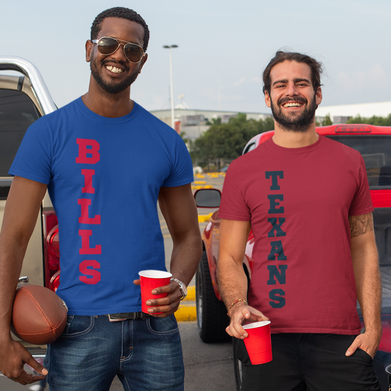 Two men at a tailgate wearing a Men’s NFL Game Day T-Shirts – handcrafted with aloha, BILLS AND TEXANS fans – Simply Aloha On The Go