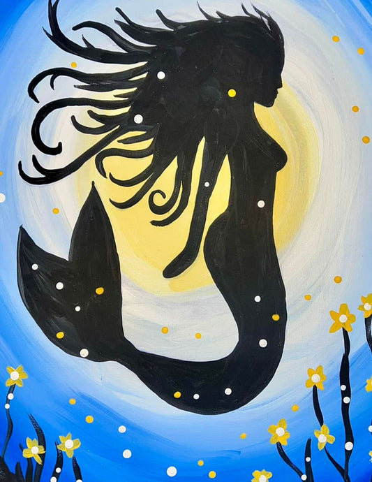 Mermaid Magic DIY paint kit, mermaid silhouette under a glowing full moon with bubbles and golden sea flowers on blue canvas