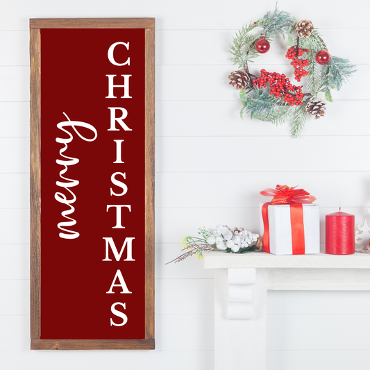 Rustic vertical Christmas sign for porch or front door, farmhouse holiday decor in red background with white font
