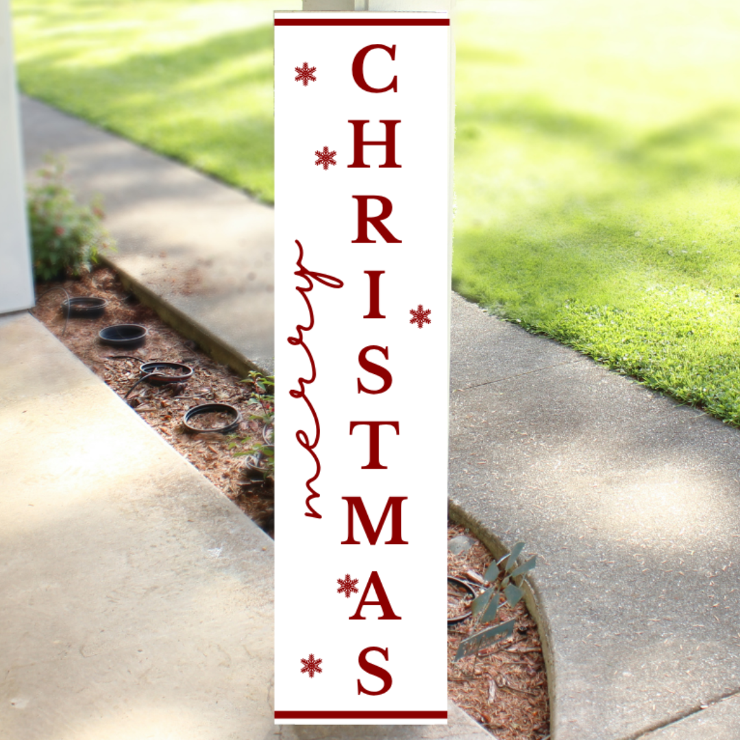 Vertical white wood Christmas porch sign reading Merry Christmas with red lettering and snowflake accents, handcrafted by Simply Aloha On The Go
