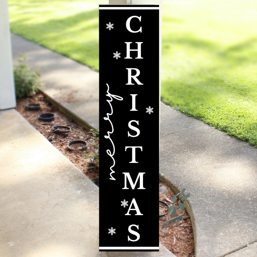 Vertical black wood Christmas porch sign reading Merry Christmas with white lettering and snowflake accents, handcrafted by Simply Aloha On The Go