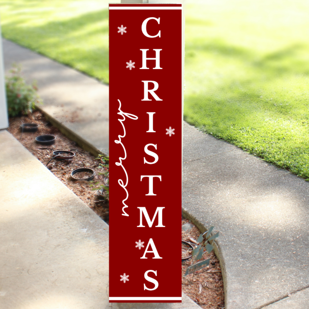 Vertical red wood Christmas porch sign reading Merry Christmas with white lettering and snowflake accents, handcrafted by Simply Aloha On The Go