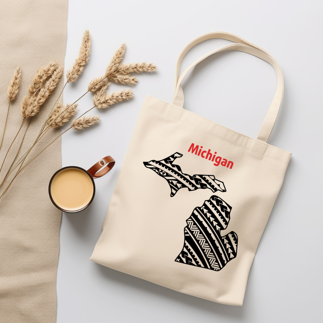 Michigan-A double-sided, eco-friendly Polynesian Pride tote bag featuring a tribal map design from the 50 State Tribal Map Collection