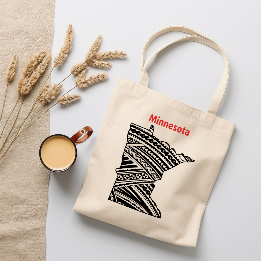 Minnesota-A double-sided, eco-friendly Polynesian Pride tote bag featuring a tribal map design from the 50 State Tribal Map Collection