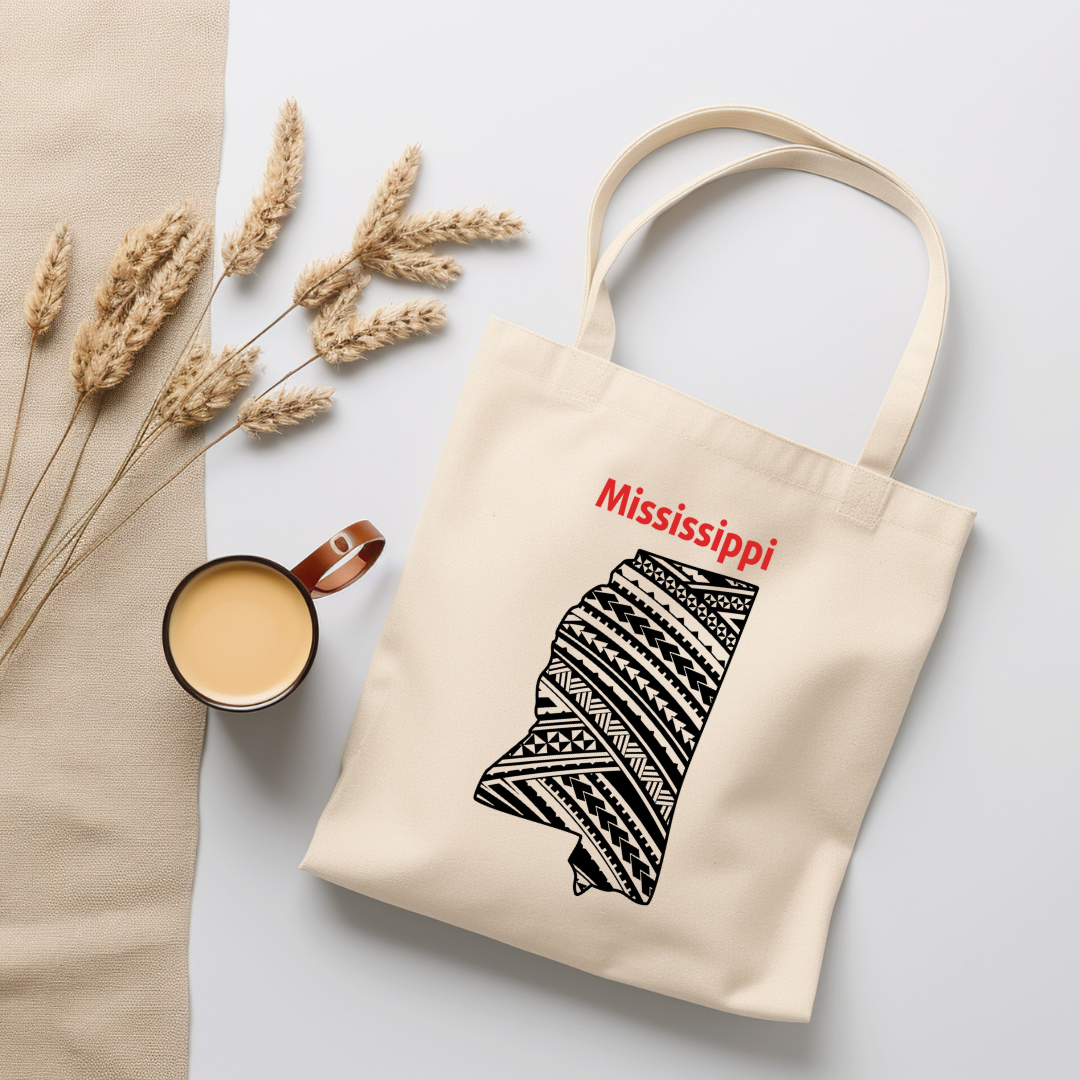 Mississippi-A double-sided, eco-friendly Polynesian Pride tote bag featuring a tribal map design from the 50 State Tribal Map Collection