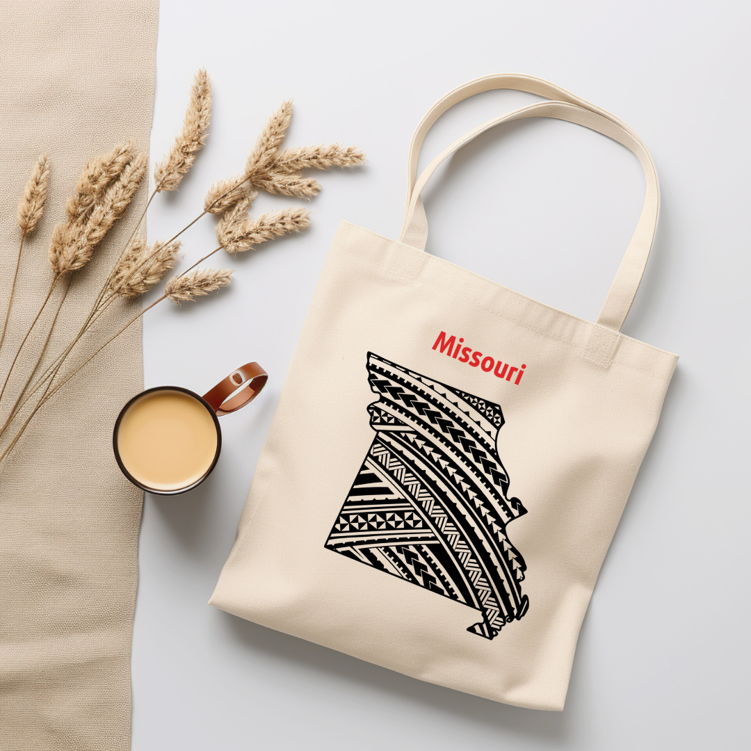 Missouri-A double-sided, eco-friendly Polynesian Pride tote bag featuring a tribal map design from the 50 State Tribal Map Collection