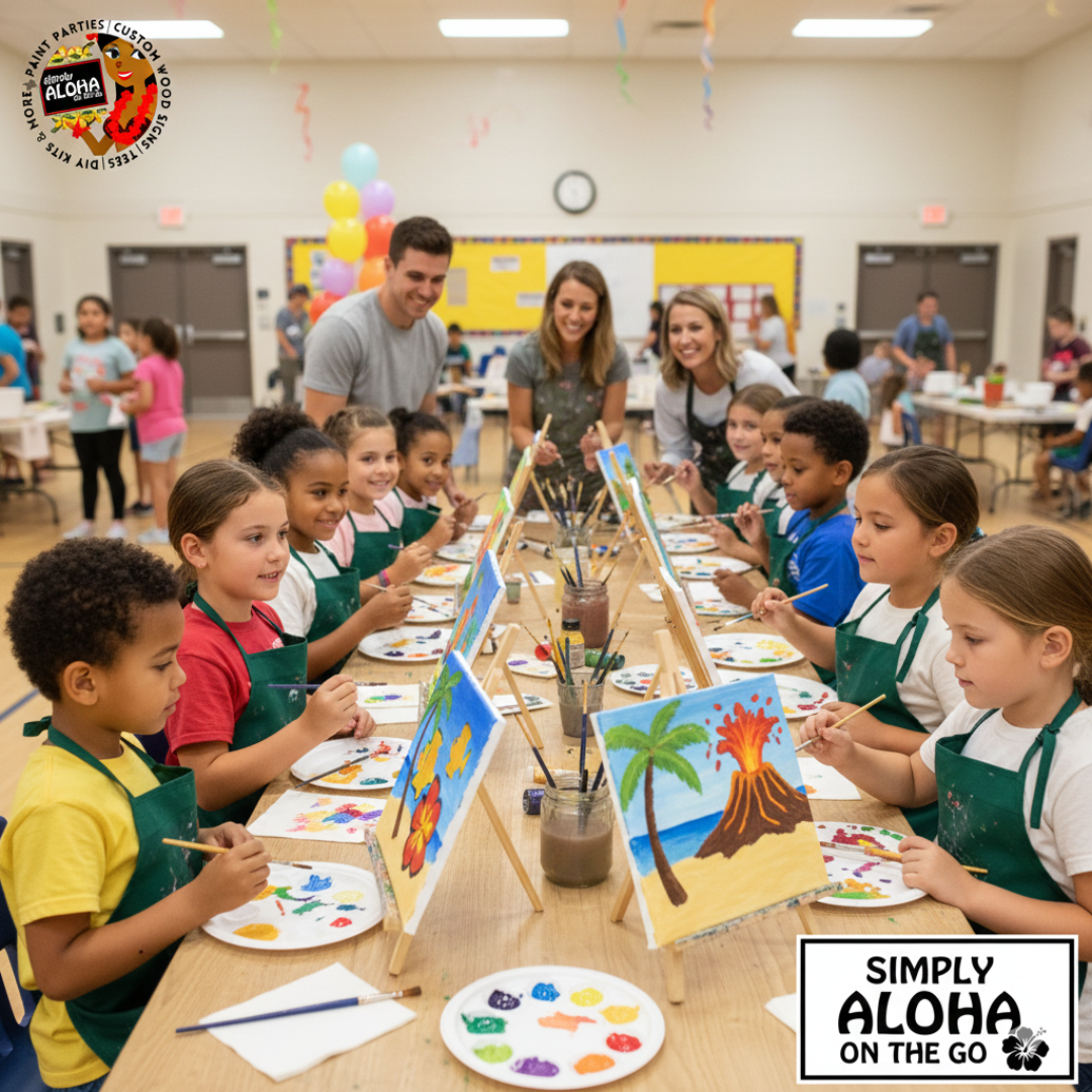Elementary school children painting tropical volcanoes and flowers with instructors at a mobile kids art class and school event.