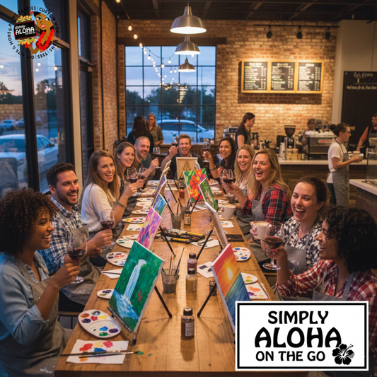 Group of adults laughing and painting tropical scenes at a mobile paint and sip party inside a brightly lit coffee shop or cafe.