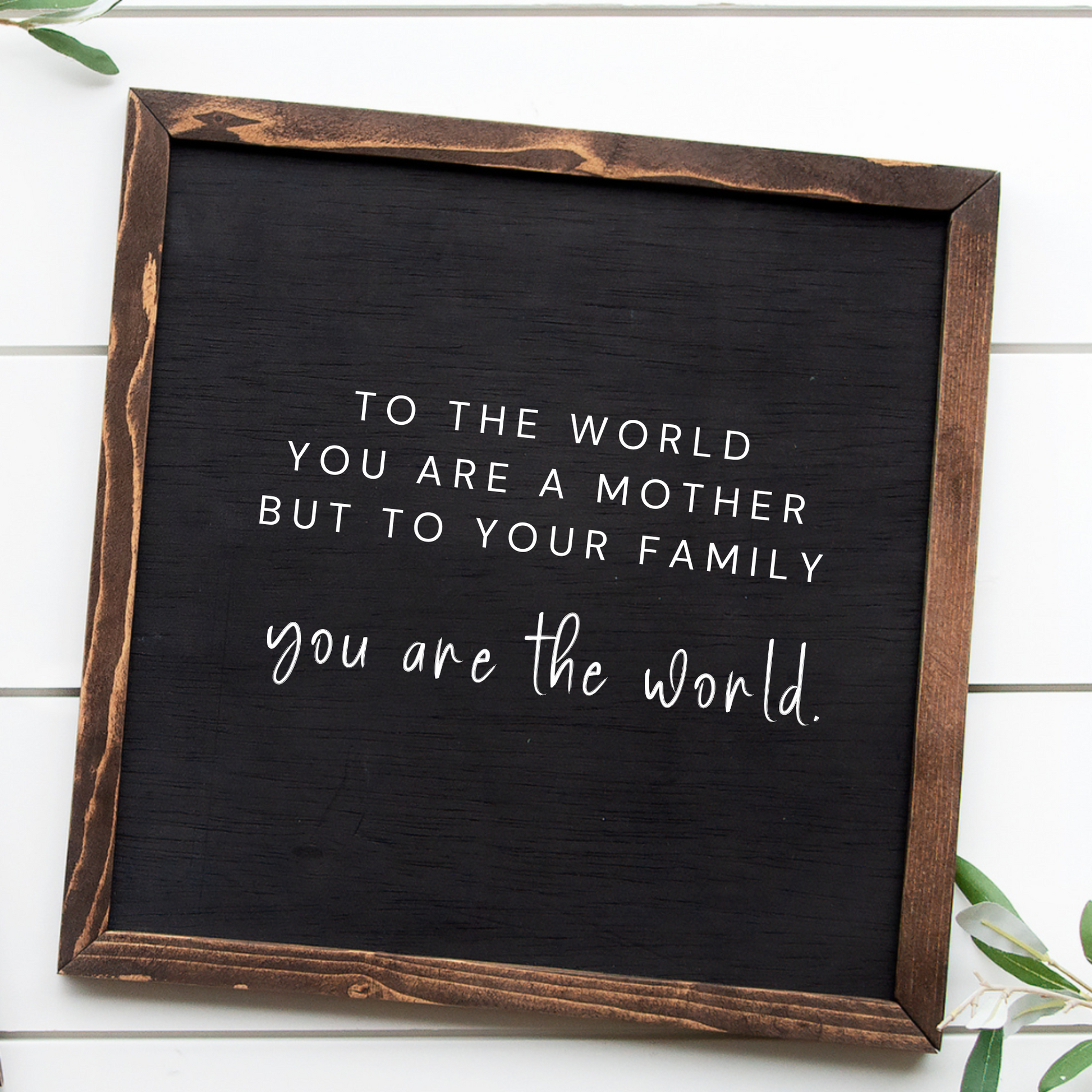 Farmhouse framed mom wood sign with a black background and a dark stained wood frame. Perfect gift for her.
