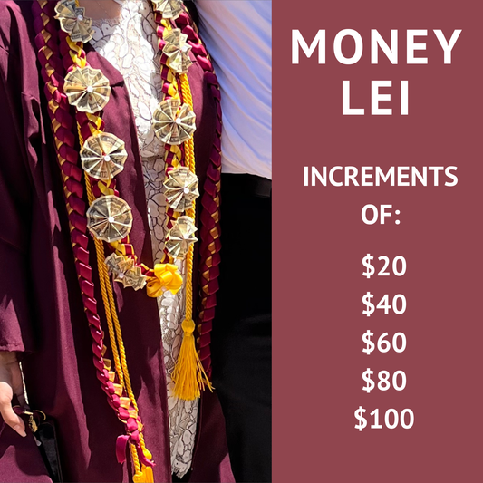Custom handmade 2026 graduation money and ribbon lei with folded cash. A unique gift of Aloha shipped nationwide
