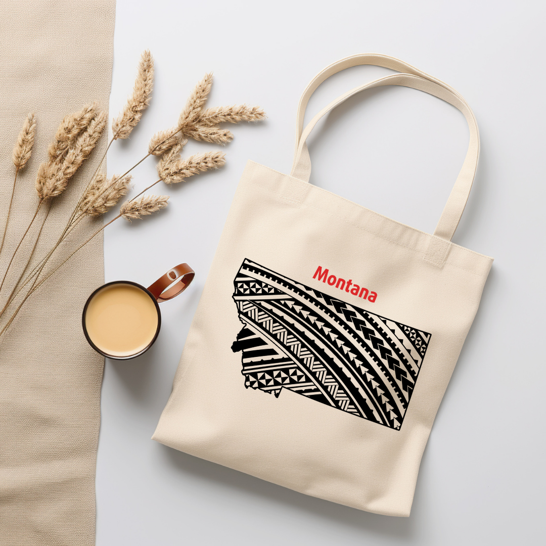 Montana-A double-sided, eco-friendly Polynesian Pride tote bag featuring a tribal map design from the 50 State Tribal Map Collection