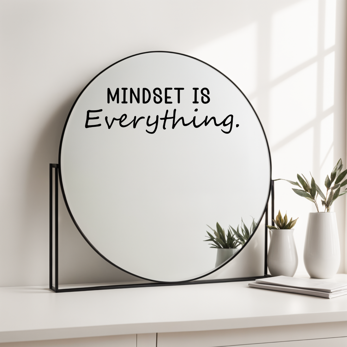 Motivational mirror decal featuring Mindset Is Everything quote on a round mirror