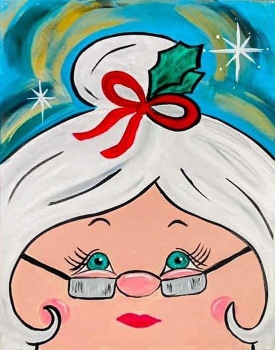 Mrs. Claus smiling in festive colors-a holiday paint party kit for all ages for the holiday season