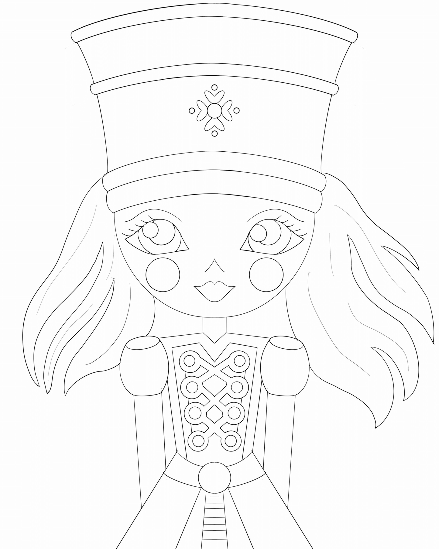 Black and white line drawing of a character with a hat and decorative outfit on a white background