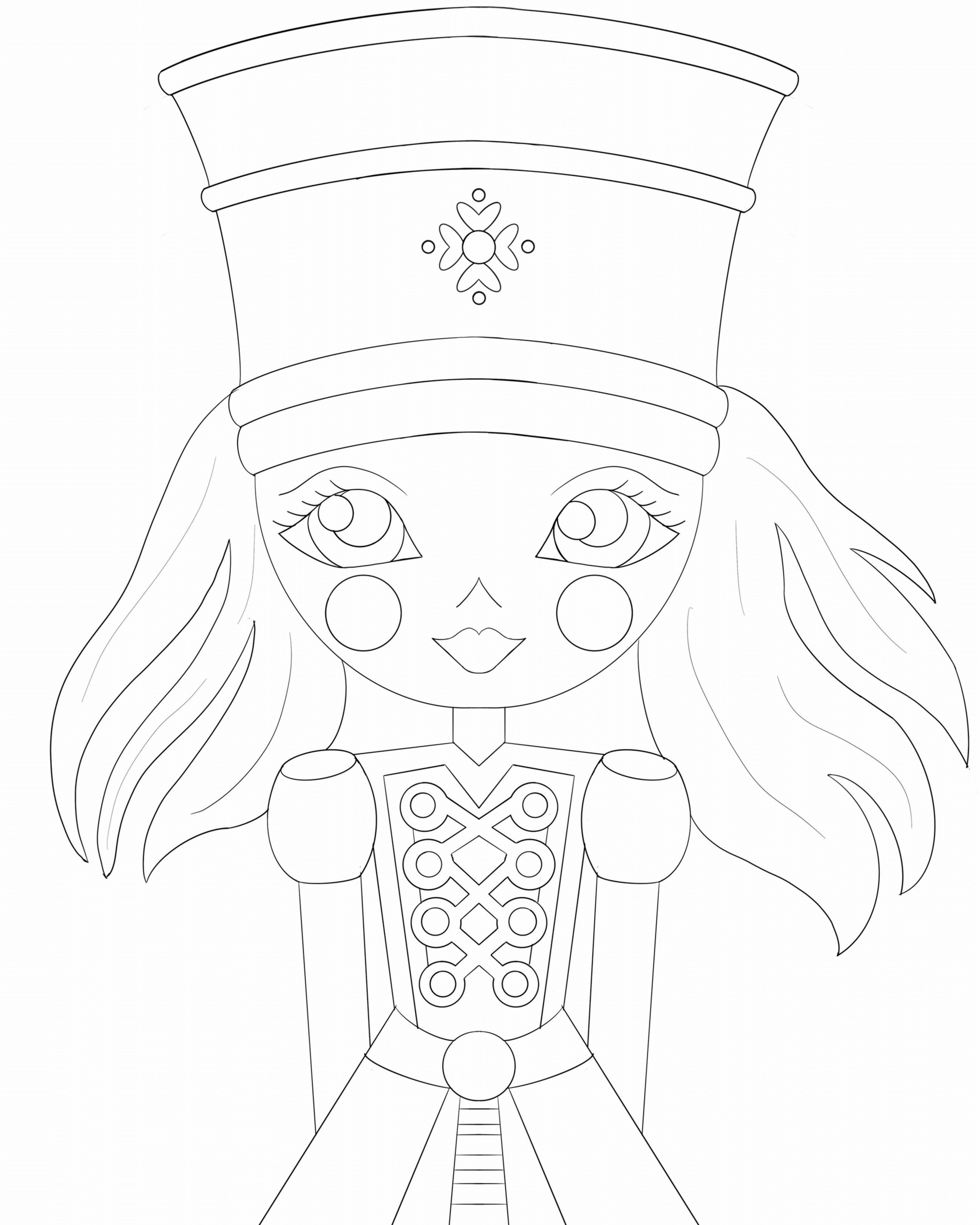 Black and white line drawing of a character with a hat and decorative outfit on a white background