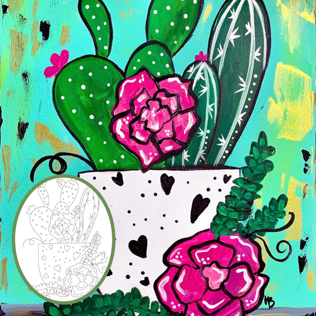Finished My Summer Cactus canvas painting and tracer with a potted green cactus, bright pink flowers and turquoise background.