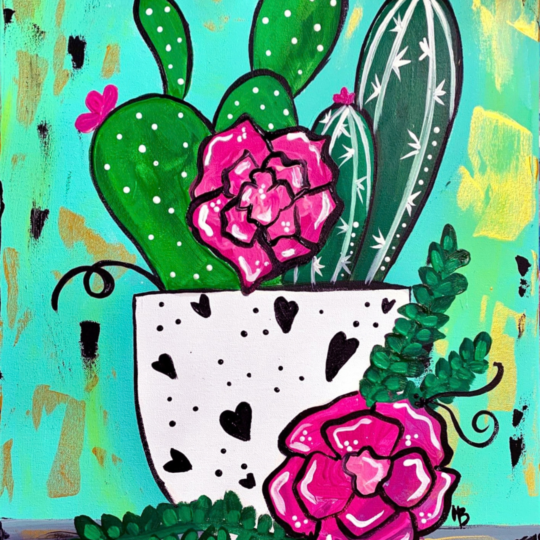 My finished Summer Cactus DIY paint kit canvas with colorful cactus and flower reference art