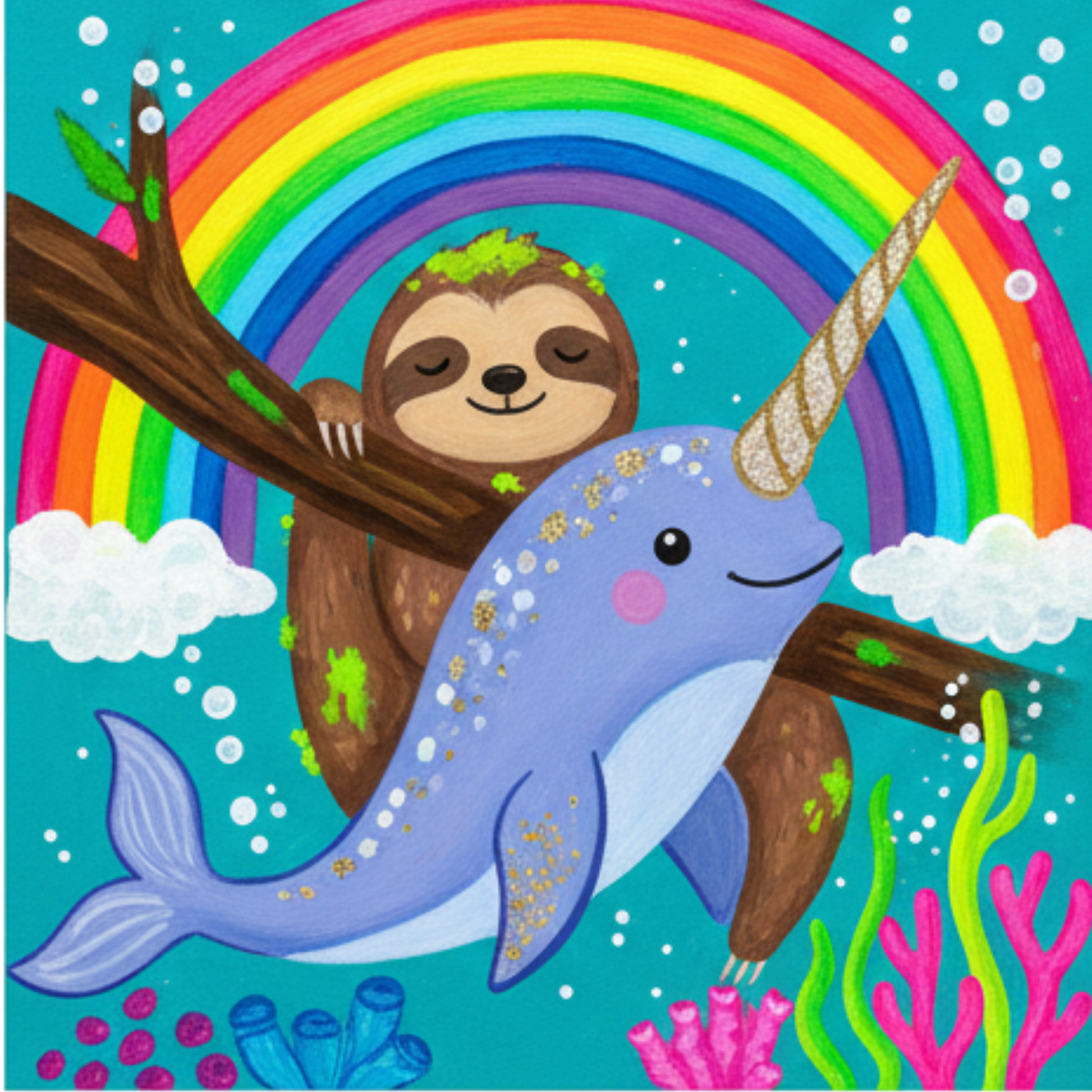 A light blue narwhal with a glittery gold horn swimming through bubbly ocean water.