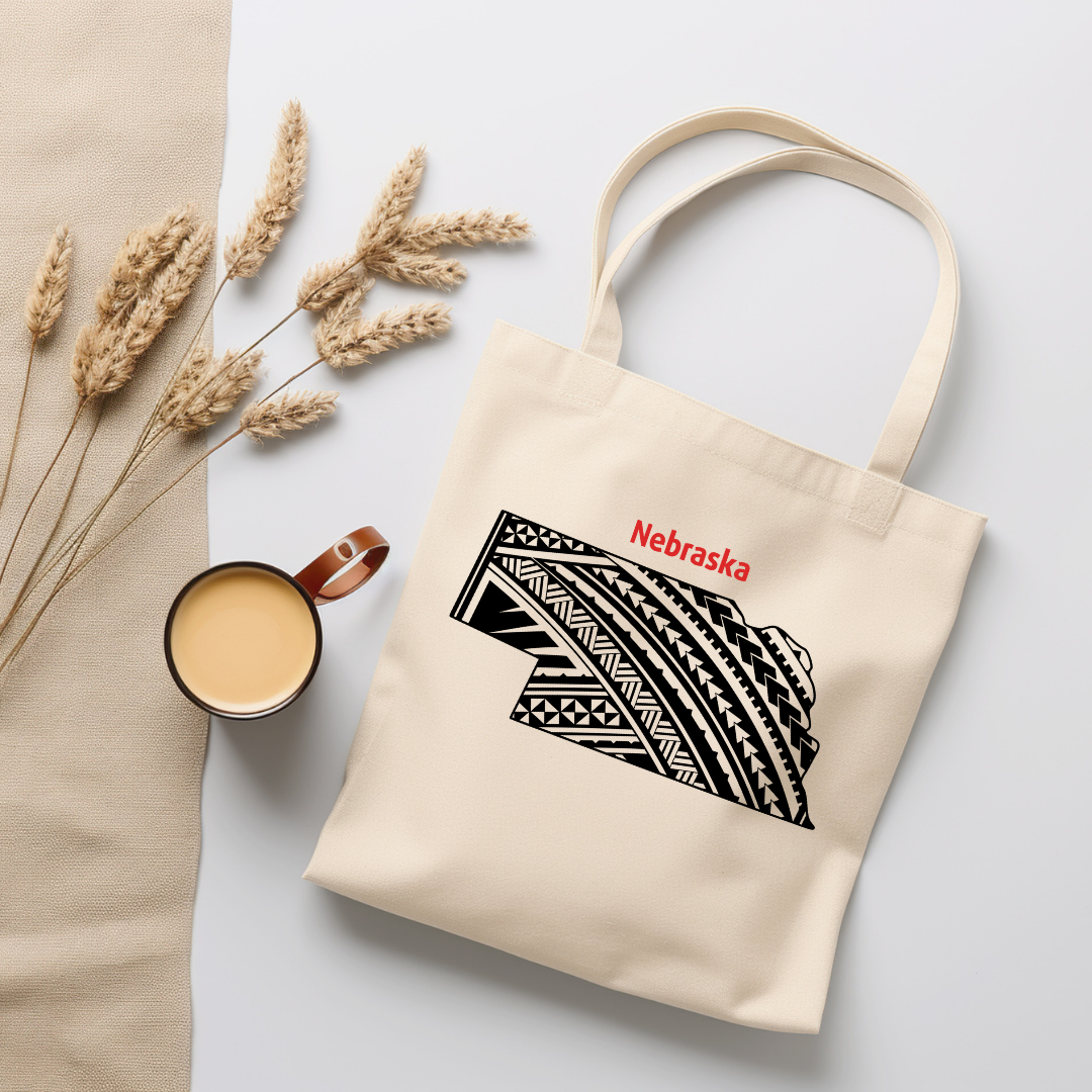 Nebraska-A double-sided, eco-friendly Polynesian Pride tote bag featuring a tribal map design from the 50 State Tribal Map Collection