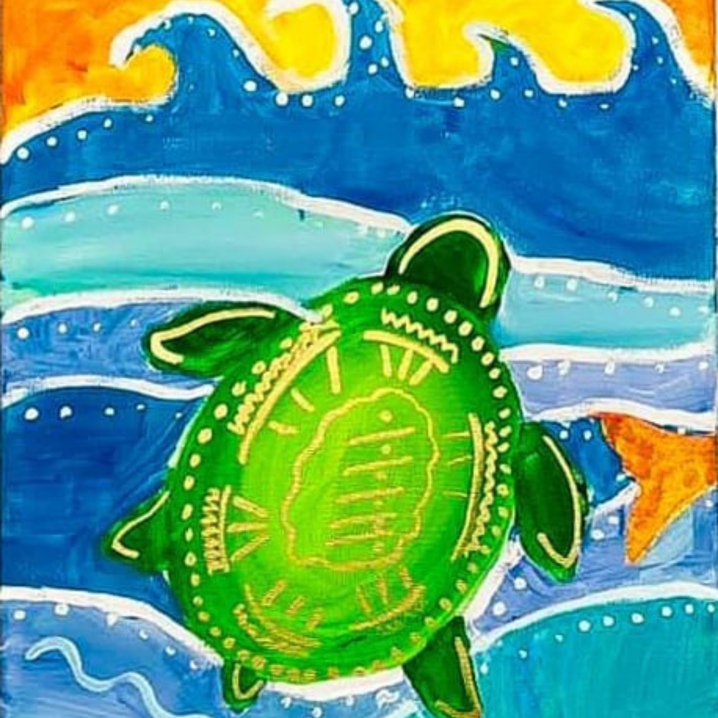 A bright green sea turtle swimming through blue ocean waves with a sunset sky in the background.