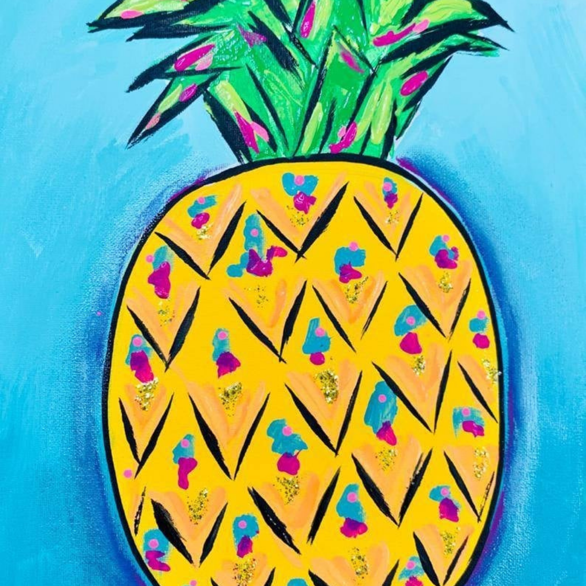 A bright yellow pineapple with a neon green crown and colorful pink and blue accents on a light blue background.