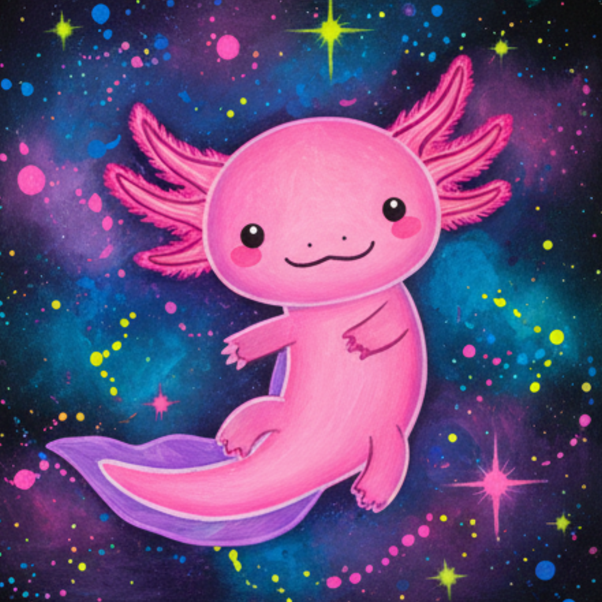 A cute neon pink axolotl swimming in a starry galaxy background on an 8x10 canvas.