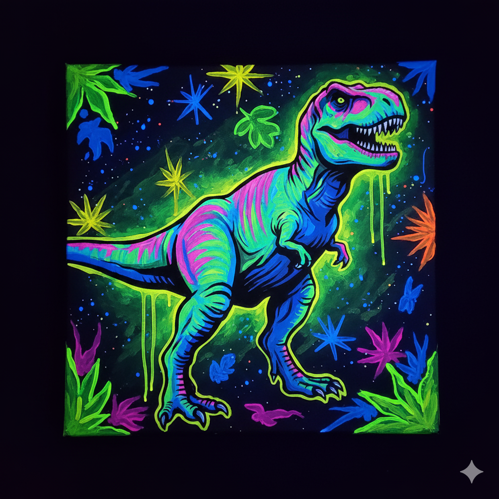 A vibrant neon green and orange T-Rex dinosaur silhouette on an 8x10 canvas with glowing paint splatters, perfect for a kids' dinosaur-themed paint party.