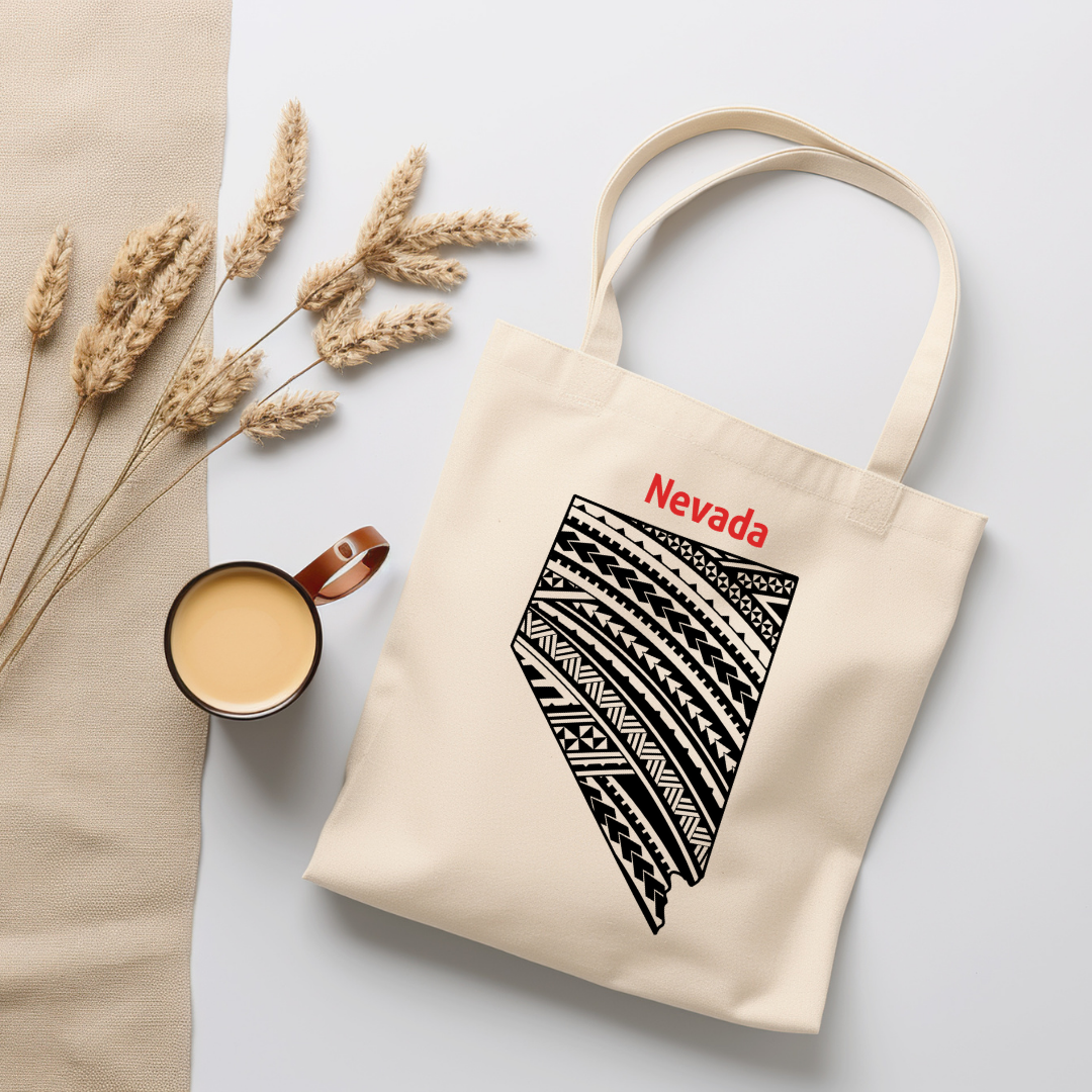 Nevada-A double-sided, eco-friendly Polynesian Pride tote bag featuring a tribal map design from the 50 State Tribal Map Collection