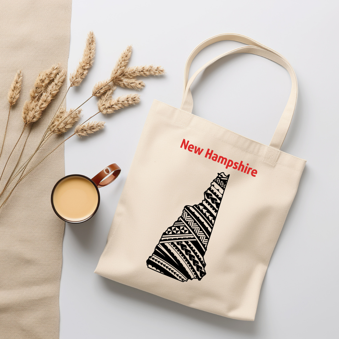 New Hampshire-A double-sided, eco-friendly Polynesian Pride tote bag featuring a tribal map design from the 50 State Tribal Map Collection