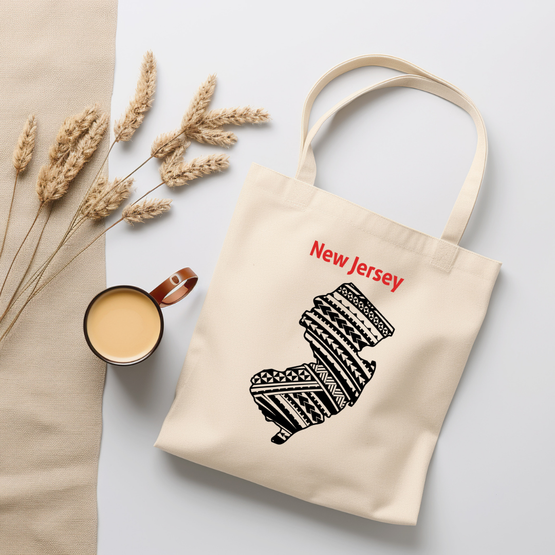 New Jersey-A double-sided, eco-friendly Polynesian Pride tote bag featuring a tribal map design from the 50 State Tribal Map Collection