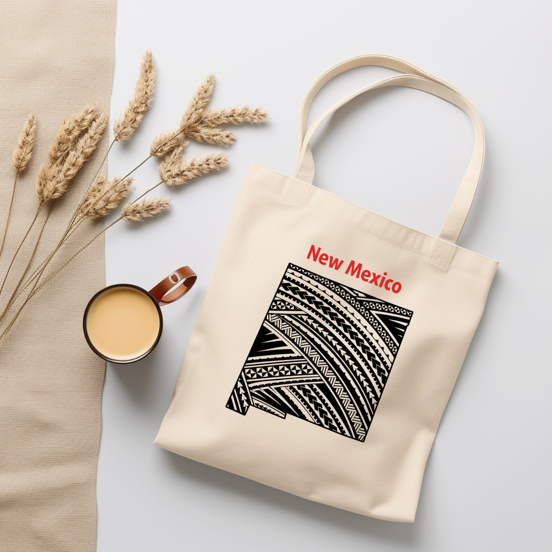 New Mexico-A double-sided, eco-friendly Polynesian Pride tote bag featuring a tribal map design from the 50 State Tribal Map Collection
