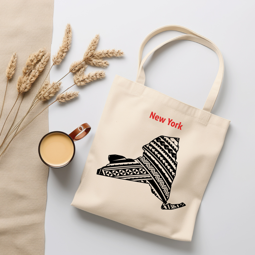 New York-A double-sided, eco-friendly Polynesian Pride tote bag featuring a tribal map design from the 50 State Tribal Map Collection