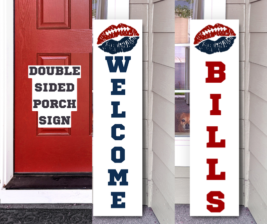NFL double-sided porch leaner sign featuring a Buffalo Bills side and a lip-themed WELCOME side displayed on a front porch, handcrafted game day decor by Simply Aloha On The Go