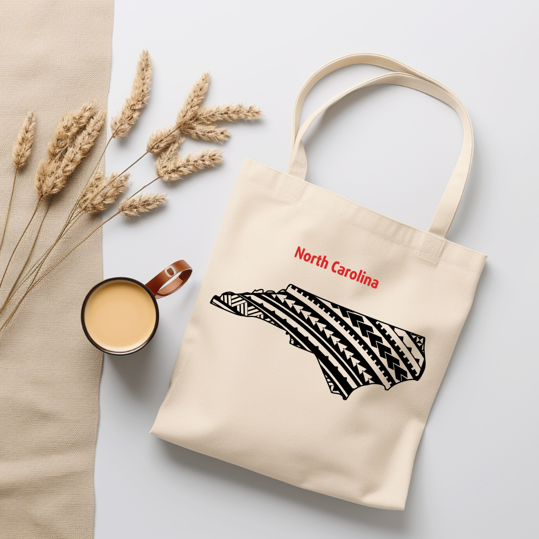 North Carolina-A double-sided, eco-friendly Polynesian Pride tote bag featuring a tribal map design from the 50 State Tribal Map Collection