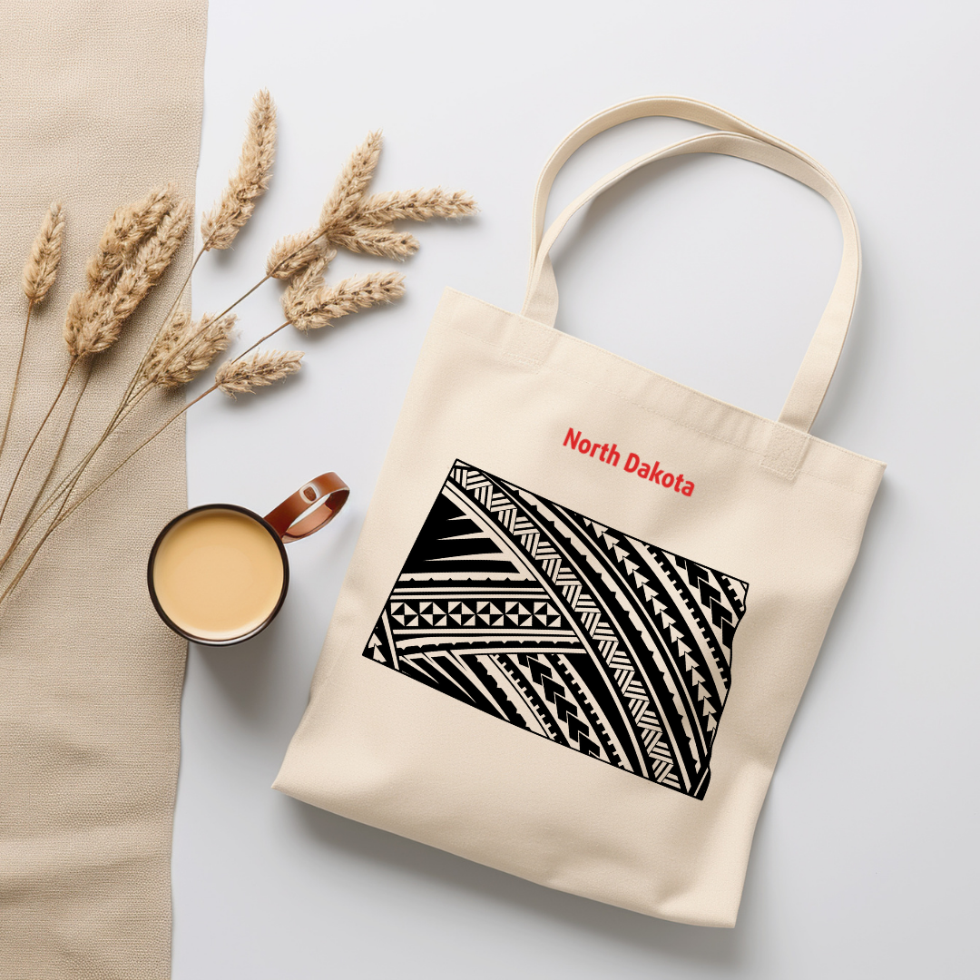 North Dakota-A double-sided, eco-friendly Polynesian Pride tote bag featuring a tribal map design from the 50 State Tribal Map Collection
