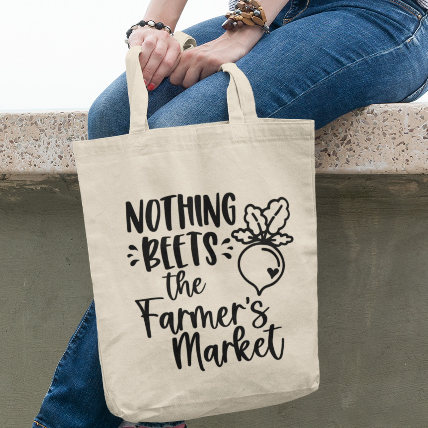 Nothing Beets The Farmer's Market-Reusable eco-friendly farmers market tote bag with a spacious design, perfect for shopping fresh produce and supporting sustainable living. Great gift idea for college students, moms, local farmers market shoppers, environmentally conscious shoppers, and health and wellness enthusiasts!