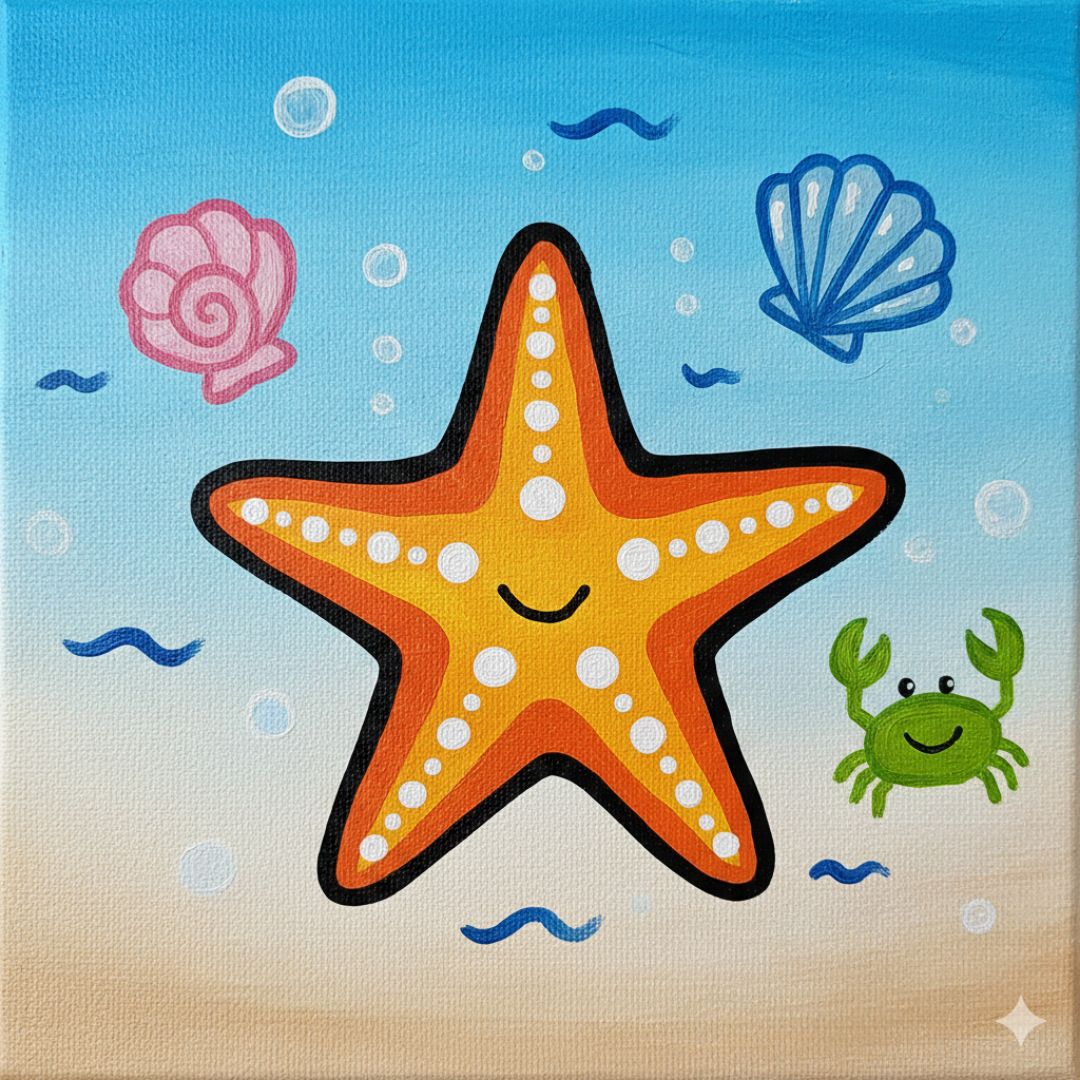 A blue scallop shell and a pink spiral snail shell painting with bubbles on a light blue and tan background painted on a canvas